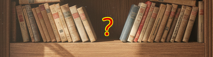 Um estante com um livro faltando e uma interrogação no lugar